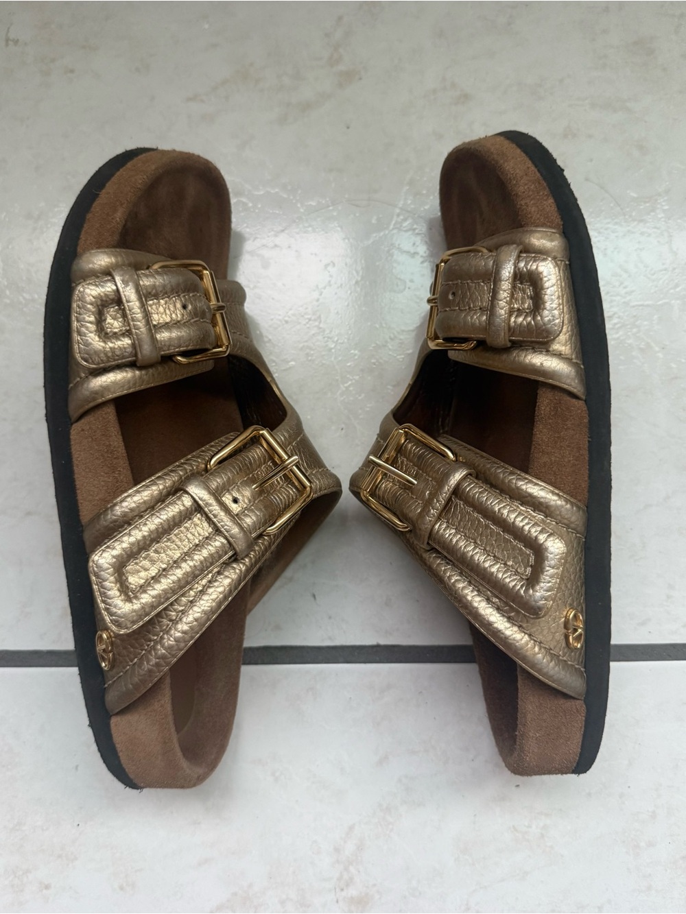 Valentino Garavani Metallic Gold Double-Buckle Slide Sandals 8